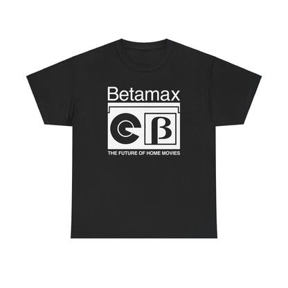 Elegant Vintage Betamax Logo Graphic Tee in black, displaying the iconic Betamax logo with the tagline 'THE FUTURE OF HOME MOVIES'. A perfect addition for unisex casual retro wear, embodying the essence of 80s nostalgia.