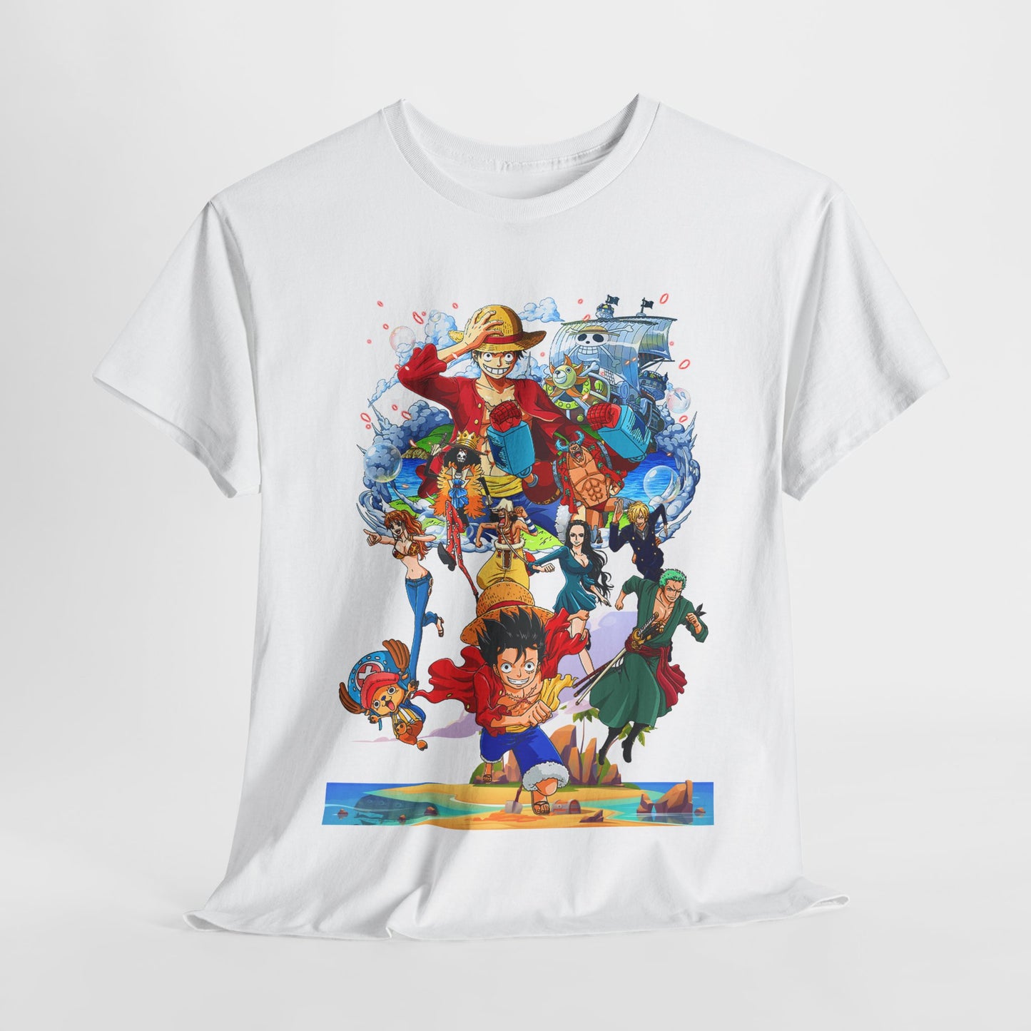 Luxurious anime-inspired men's t-shirt featuring a vibrant design with iconic characters, perfect for showing off your adventurous spirit.