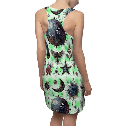 Back view of Women’s Chic Designer Racerback Dress showcasing an elegant green pattern with detailed graphics, perfect for sophisticated summer occasions.