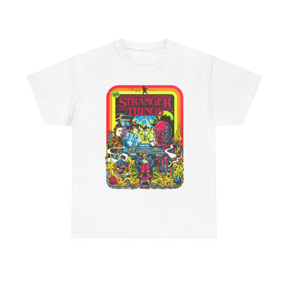 Luxury white graphic t-shirt featuring vibrant 'Stranger Things' design with bold colours, showcasing beloved characters and a striking monster scene, ideal for fans of retro aesthetics.