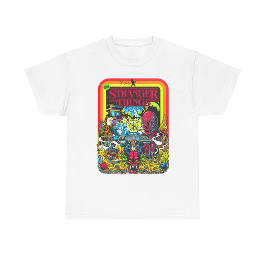 Luxury white graphic t-shirt featuring vibrant 'Stranger Things' design with bold colours, showcasing beloved characters and a striking monster scene, ideal for fans of retro aesthetics.