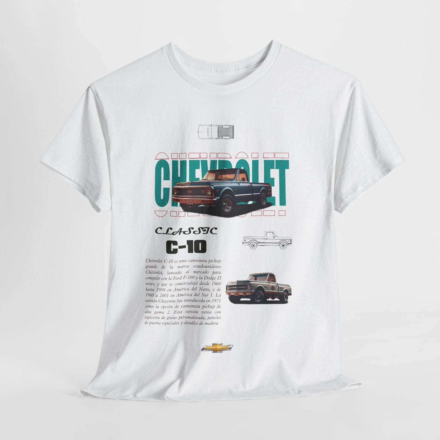 Luxurious white t-shirt featuring a vintage Chevrolet C-10 graphic and retro text, perfect for stylish automotive enthusiasts.