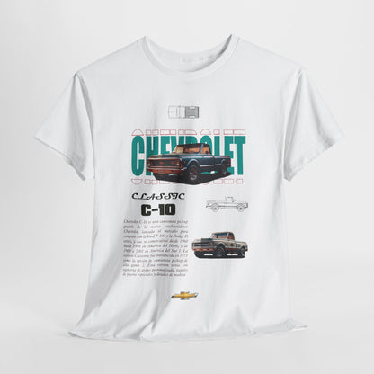 Luxurious white t-shirt featuring a vintage Chevrolet C-10 graphic and retro text, perfect for stylish automotive enthusiasts.