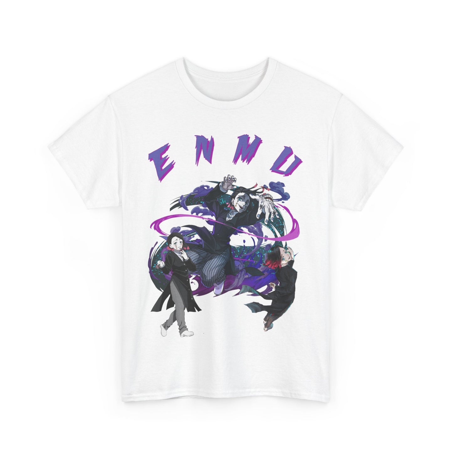Luxuriously designed Enmu-Inspired graphic t-shirt featuring striking characters from the Demon Slayer universe, beautifully rendered against an abstract purple backdrop.