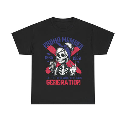 Luxury black Generation X Women’s Graphic T-Shirt showcasing a bold skeleton woman raising a glass, exuding rebellion and attitude, perfect for modern fashion enthusiasts.