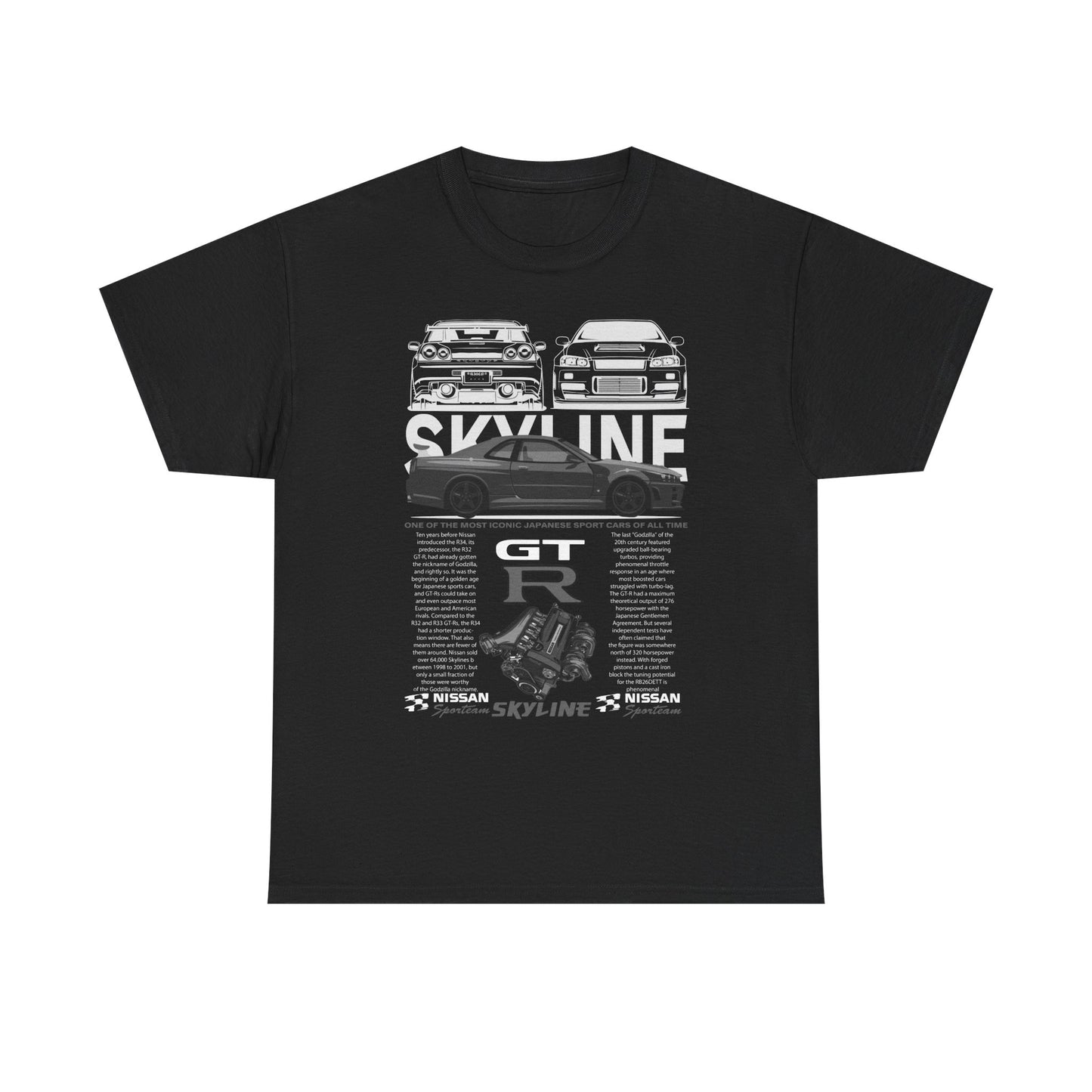Luxurious black Nissan Skyline GT-R men’s t-shirt featuring a  striking graphic of iconic sports cars, showcasing the legendary GT-R engine and detailed specifications in a modern design.