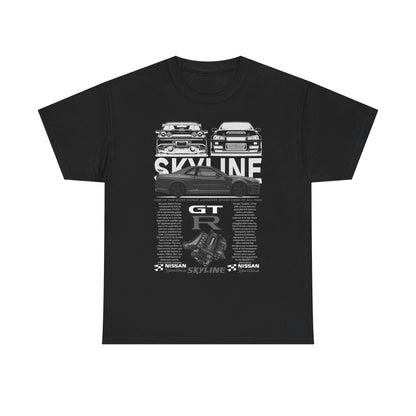 Luxurious black Nissan Skyline GT-R men’s t-shirt featuring a  striking graphic of iconic sports cars, showcasing the legendary GT-R engine and detailed specifications in a modern design.