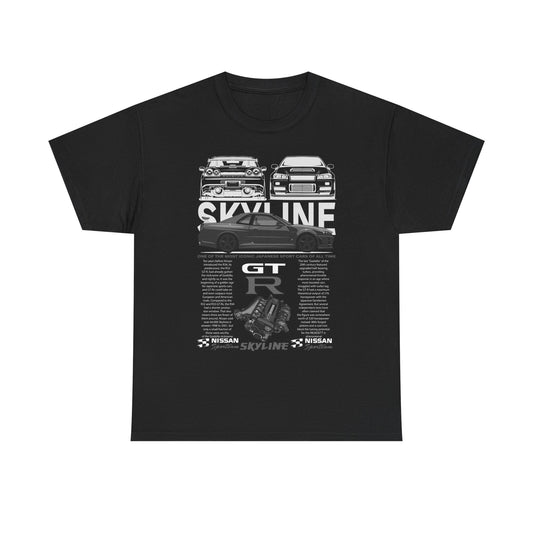Luxurious black Nissan Skyline GT-R men’s t-shirt featuring a  striking graphic of iconic sports cars, showcasing the legendary GT-R engine and detailed specifications in a modern design.