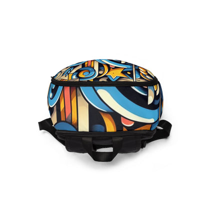 Lifestyle image of a stylish individual carrying the Neo Verve Fusion Cartoon Backpack by Dazzling Dreams Studio, combining whimsical design with elegant practicality.