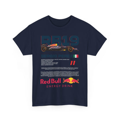 Front view of the men's navy Red Bull RB19 F1 Racing Tee, prominently featuring the Sergio Perez graphic and the iconic Red Bull logo.