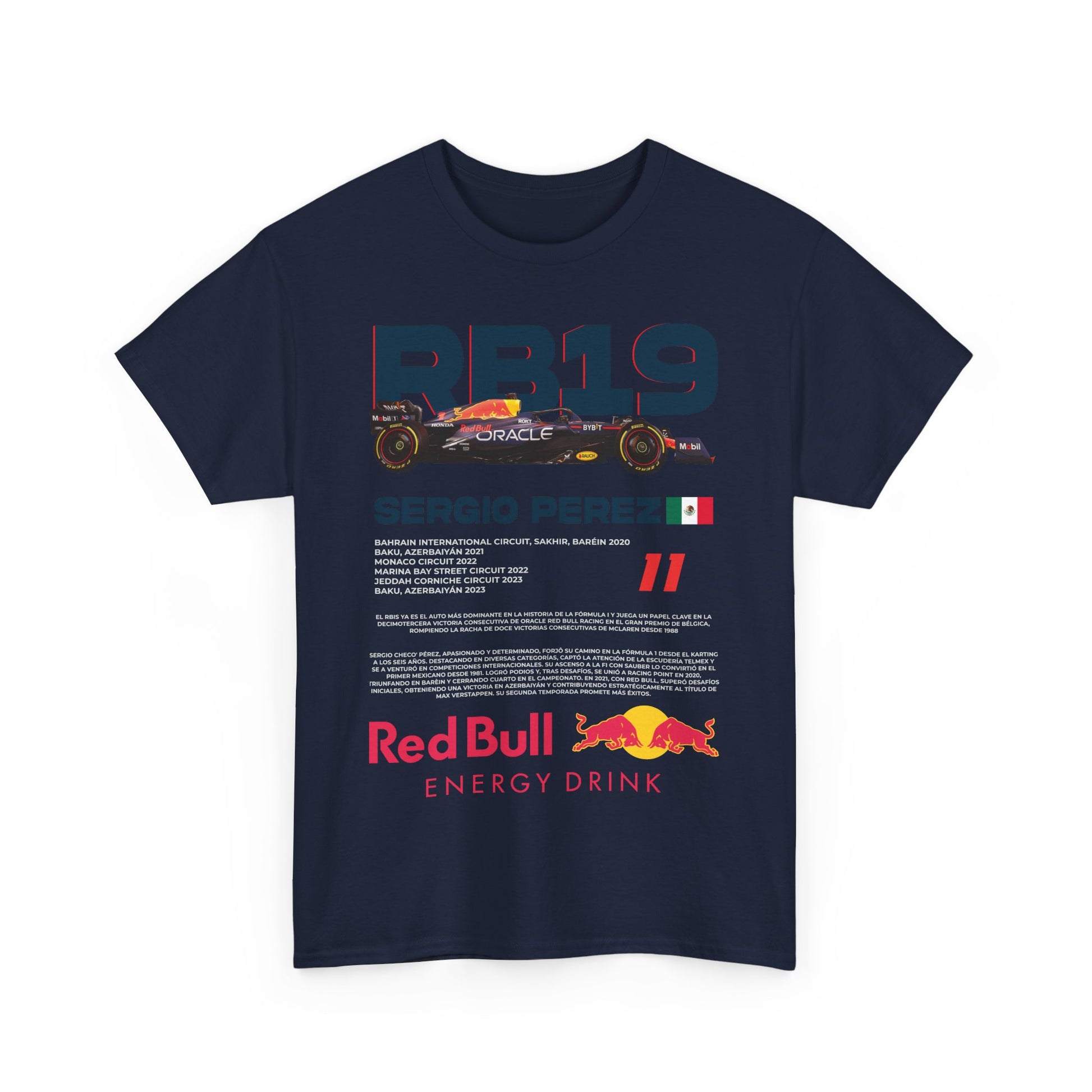 Front view of a stylish navy men's Red Bull RB19 F1 tee, celebrating motorsport heritage and the legacy of Sergio Perez.
