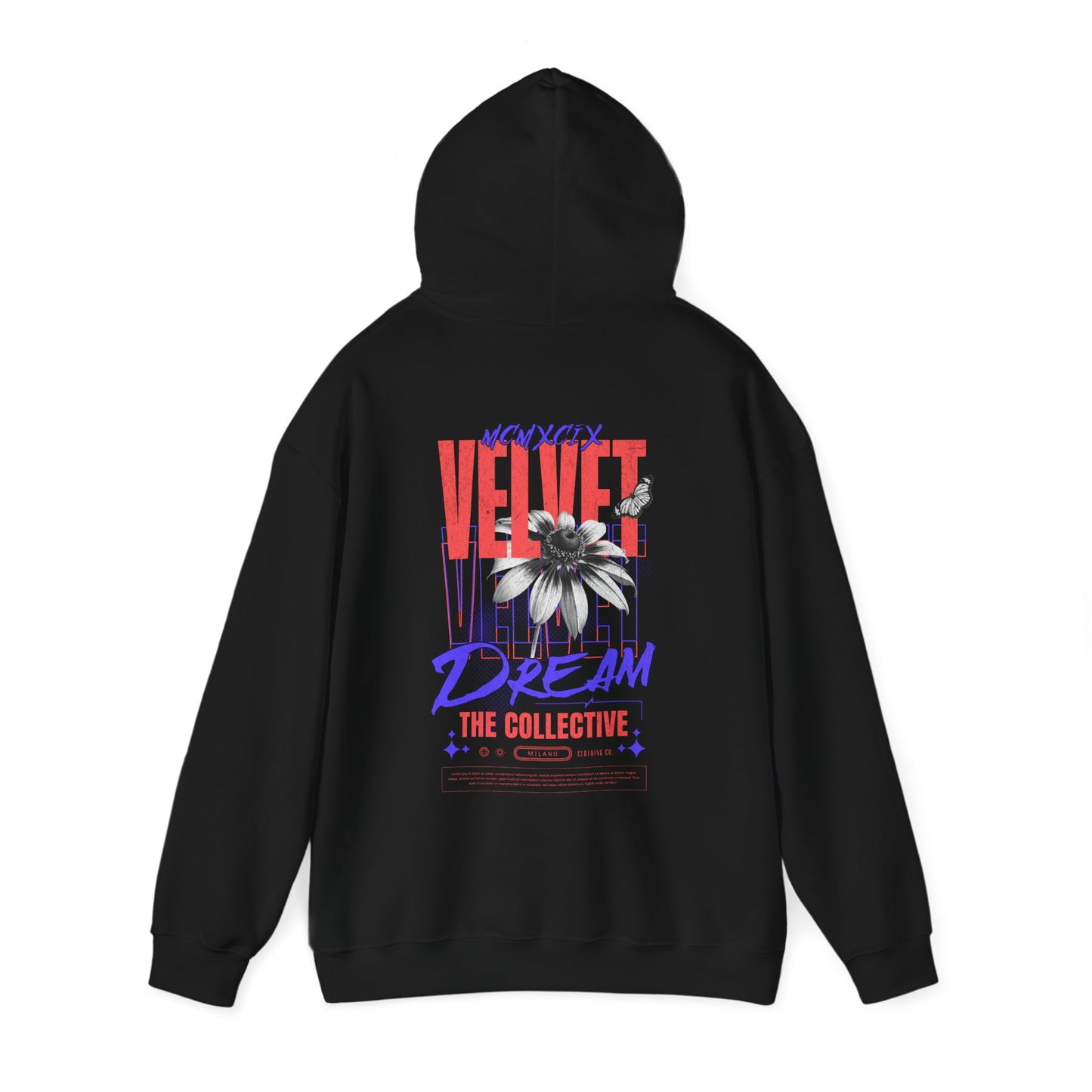 Elegant black hoodie featuring a striking back design with bold 'VELVET DREAM' typography, floral artwork, and geometric patterns, perfect for stylish streetwear.