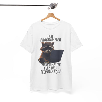 Chic white t-shirt displaying the 'I Are Programmer' cartoon raccoon design, ideal for stylish coders and tech lovers.