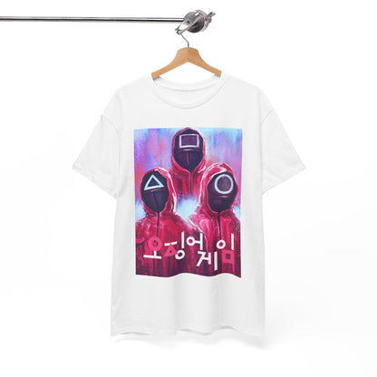 Sophisticated Squid Game graphic tee hung on a stylish wooden hanger, highlighting the artistic depiction of masked players in a bold design, a must-have for luxury street fashion lovers.