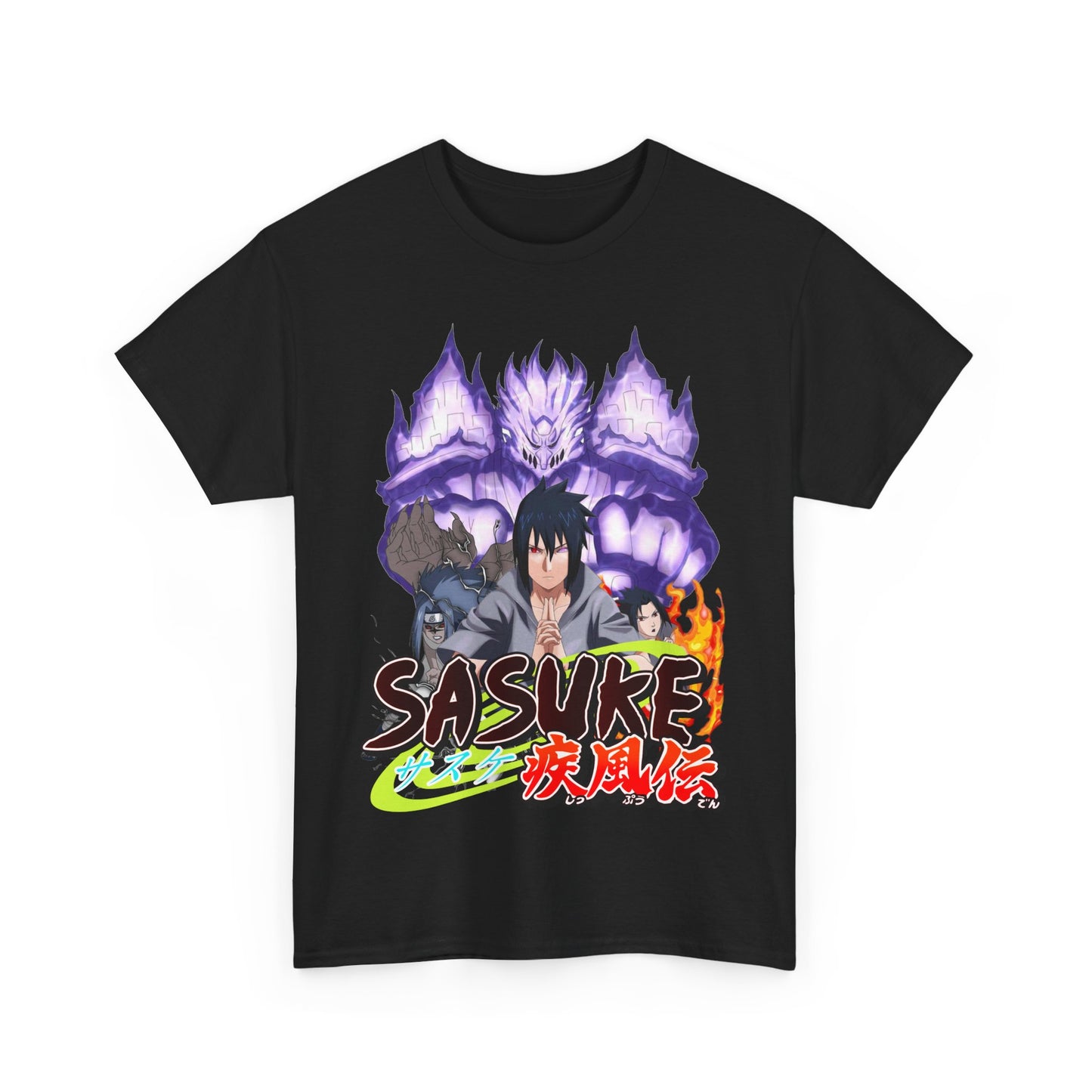 Sleek black Sasuke Graphic Tee displaying dynamic artwork of Sasuke and iconic characters, ideal for fashion-forward anime fans.
