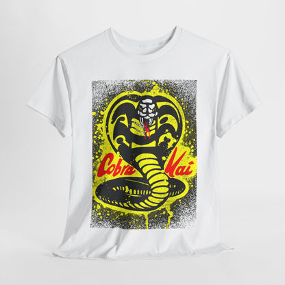 Luxury unisex graphic T-shirt featuring a striking Cobra Kai design with a prominent snake logo against a vibrant yellow and black background. This soft cotton tee combines comfort and style, perfect for martial arts enthusiasts and fans of the iconic series.