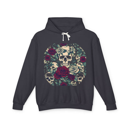 Unisex Lightweight Hooded Sweatshirt with a unique designer skull and roses graphic, combining luxury fashion with artistic flair.