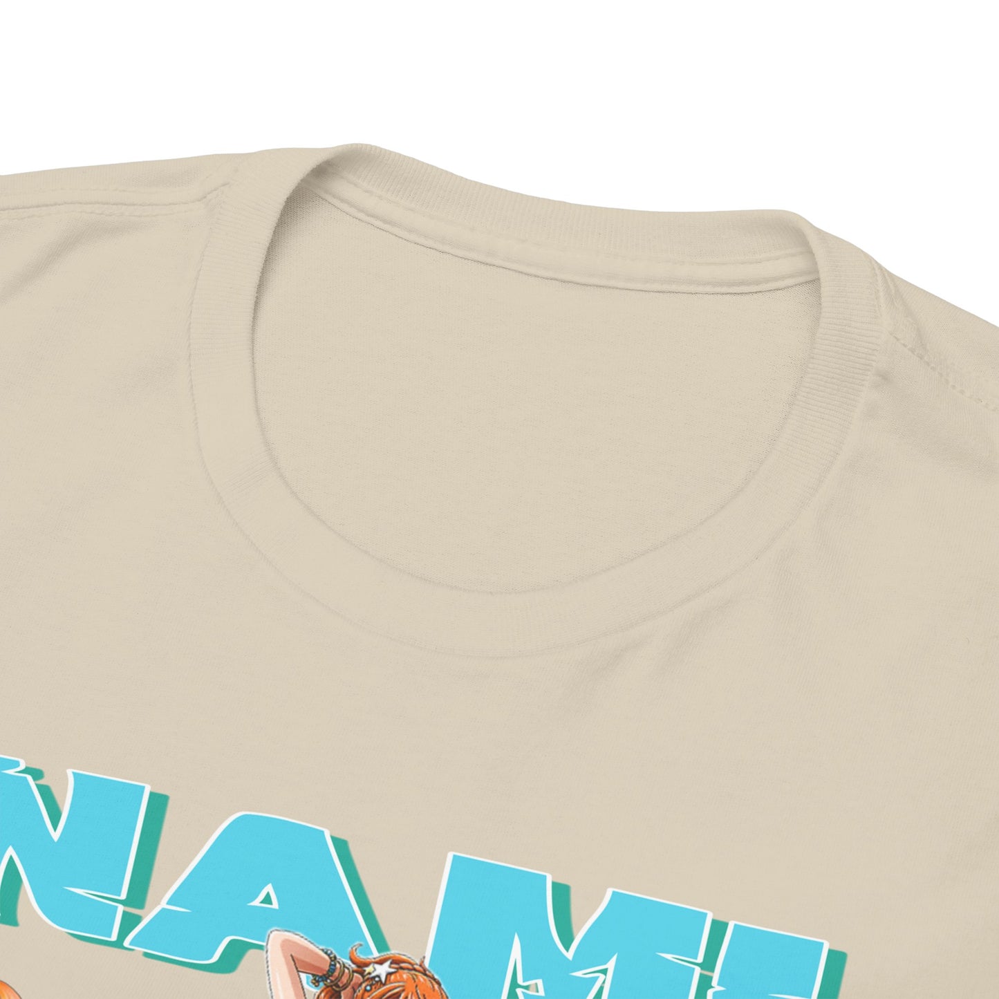 Close-up of the luxurious neckline and fabric of the Nami graphic t-shirt, featuring intricate detailing and bold lettering, designed for comfort and style.