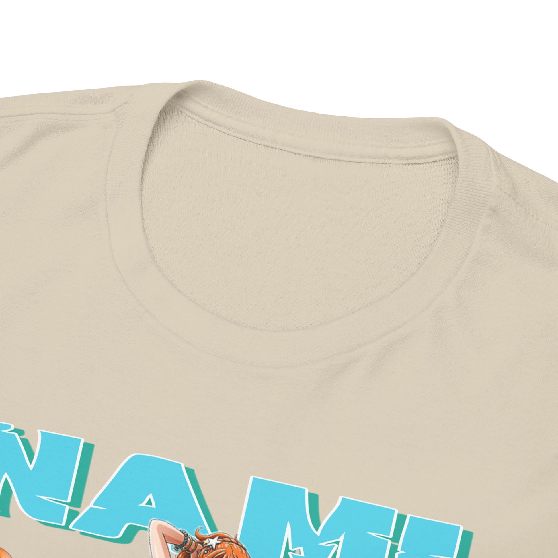 Close-up of the luxurious neckline and fabric of the Nami graphic t-shirt, featuring intricate detailing and bold lettering, designed for comfort and style.