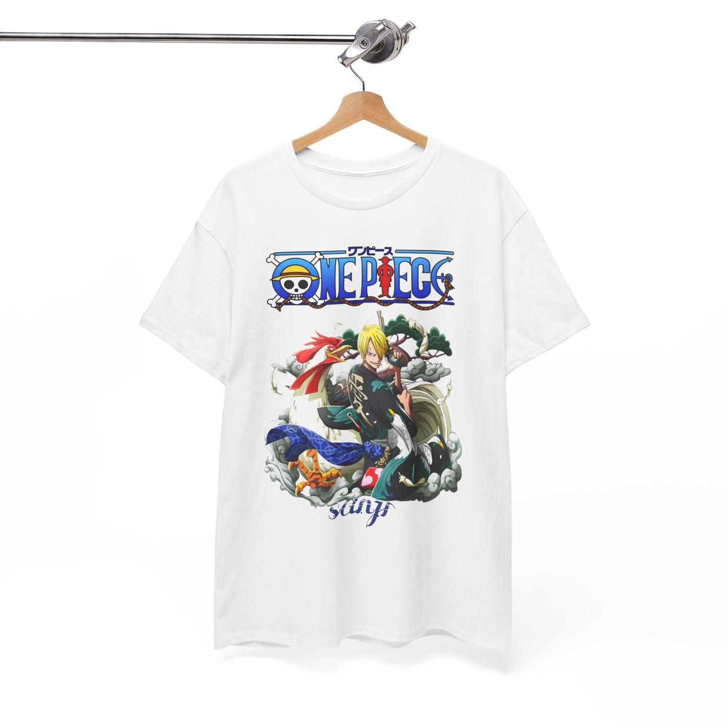 Elegant display of a white t-shirt showcasing a striking Sanji design from One Piece, accentuated with dynamic colours and artistic illustrations.