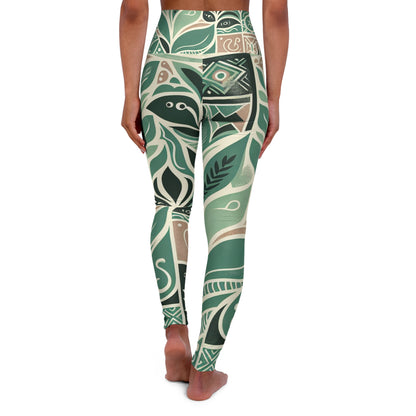 Thea Sinclair High-Waisted Yoga Leggings with exquisite block prints in pastel green, displayed on a model from the back, demonstrating the elegant silhouette and premium fabric ideal for active lifestyles.
