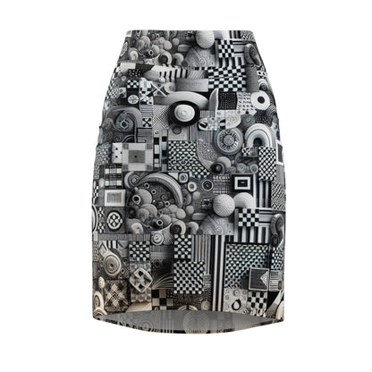 Elegant Valentina Belleveau AOP Pencil Skirt by Dazzling Dreams Studio featuring a modern checkerboard and organic pattern on a white background.