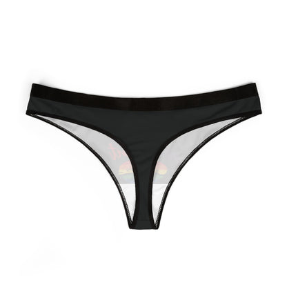Sophisticated black thong with a captivating print of a rainbow heart and cheeky text 'Kiss who ever the fuck you want,' designed to blend humour with stylish comfort.
