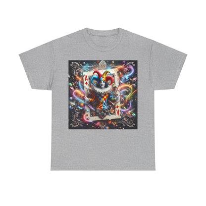 Chic Harlequin Playing Card Graphic Tee in grey, adorned with a striking clown illustration, perfect for any unisex wardrobe.
