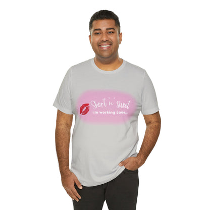 Sabrina Carpenter Inspired Unisex Short Sleeve Tee with Vibrant Lipstick Print, styled on a male model, showcasing the unique design and luxurious fabric in a casual setting.