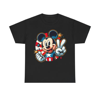 Mickey Mouse Pop Art Graphic Unisex Graphic Tee Shirt in black, featuring a vibrant design with Mickey Mouse in a red, white, and blue uniform, radiating joy and patriotism.