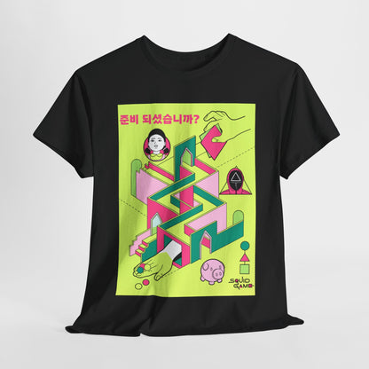 Luxury Squid Game unisex graphic t-shirt featuring a vibrant and whimsical design with playful elements, including a stylised maze, characters, and geometric shapes on a sleek black background.
