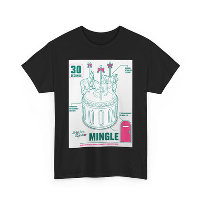 Chic black Squid Game-themed T-shirt showcasing an artistic carousel print, merging playful design with luxury streetwear appeal for the discerning trendsetter.