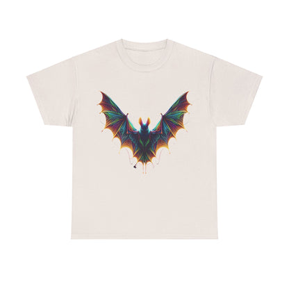 Radiant Evolution Bat Tee featuring an artistic bat illustration in rainbow hues on a pristine white background, made from high-quality cotton for an elegant feel.