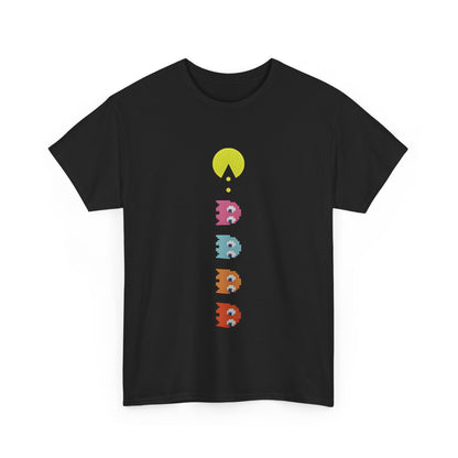 Unisex Pixel-Perfect Pac-Man Graphic Tee in black, elegantly displaying a vertical sequence of Pac-Man and colourful ghosts, capturing the essence of arcade nostalgia in a stylish manner.