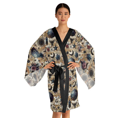 Floral Kimono Robe for women, beautifully designed with floral motifs and black trimming, ideal for stylish lounging and sophisticated home wear.