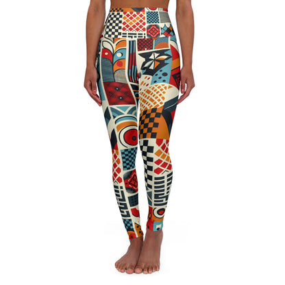 Vibrant high-waisted yoga leggings by Dazzling Dreams Studio featuring a unique red checkerboard and organic print design, perfect for stylish workouts and casual outings.