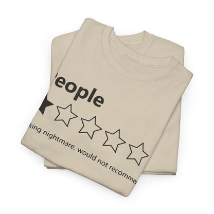 Stacked premium beige T-shirts featuring 'People' design and review graphics, highlighting a chic and stylish fashion statement.