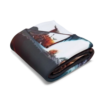 High-quality Decorative and Warm Halloween Spooky Arctic Fleece Blanket folded neatly, emphasising its opulent fabric and vivid Halloween motifs, perfect for seasonal elegance.