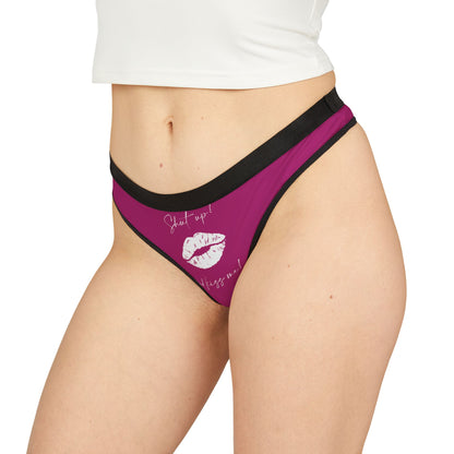 Charming women's thong showcasing a striking kiss design along with the playful message 'Shut up! and kiss me!', a perfect addition to intimate apparel.