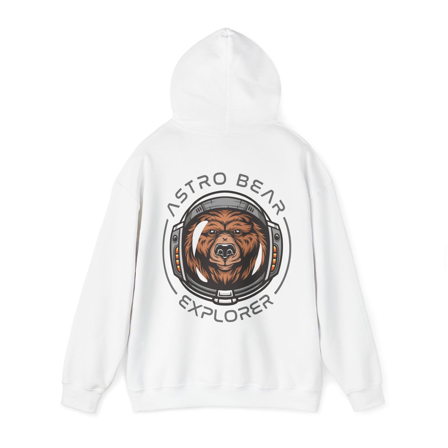 Chic white hoodie adorned with a unique astronaut bear graphic on the back, designed for modern adventurers who appreciate comfort and elegance.