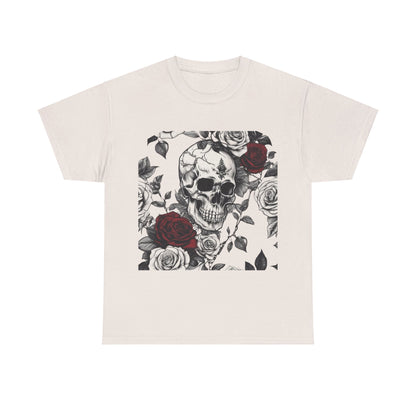 Skulls and Roses Cotton Tee featuring a striking steampunk design, showcasing a skull intertwined with red and white roses, ideal for alternative fashion enthusiasts.