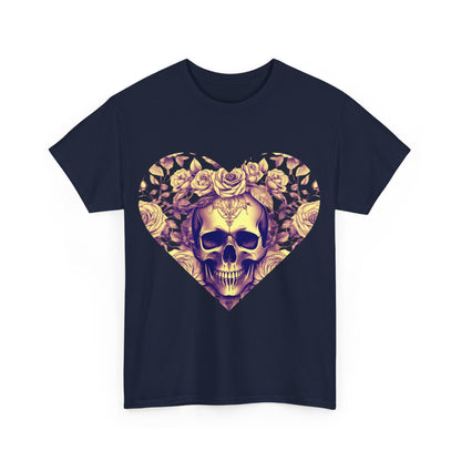 Front view of Skulls and Roses Cotton Tee highlighting the stunning skull and rose graphic, combining elegance and alternative fashion.