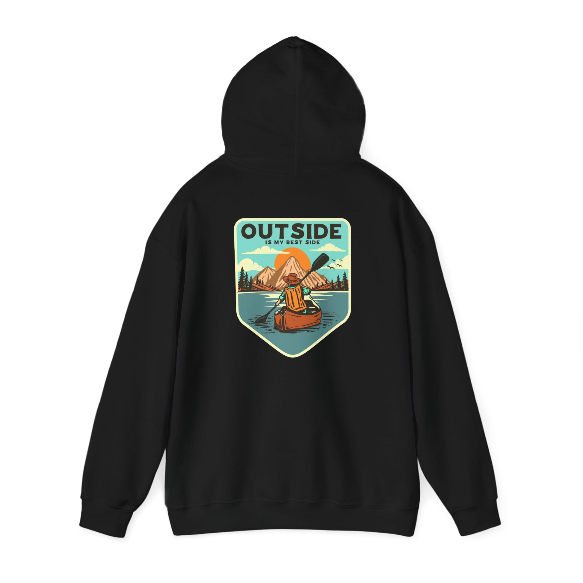 Chic black hoodie displayed from the back, featuring an artistic retro design of a kayaker on a calm lake, symbolising the spirit of adventure with an elegant message 'OUTSIDE IS MY BEST SIDE'.