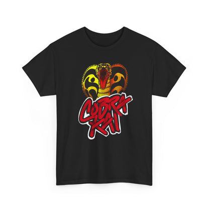 Elegant black t-shirt adorned with a bold Cobra Kai graphic, depicting an intricately designed snake and stylish logo, blending nostalgia with modern flair.
