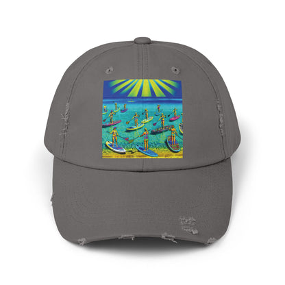 Unisex Distressed Paddleboarders Cap in dark grey featuring an artistic depiction of paddleboarders, premium sun protection for discerning water adventurers.