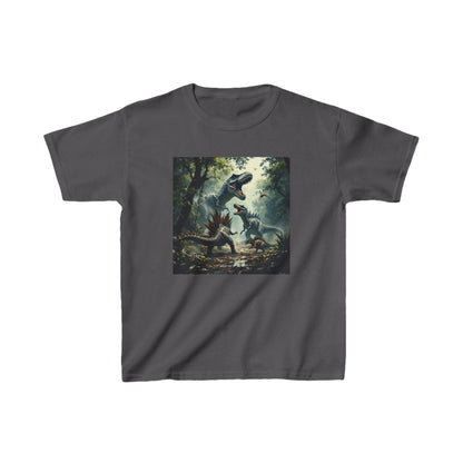 Kids Dinosaur Heavy Cotton Tee in sophisticated dark grey with striking dinosaur artwork, ideal for imaginative young adventurers.
