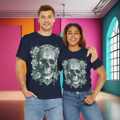 Skulls and Roses Cotton Tee, Unisex Graphic Shirt - Fashion-forward duo displaying the striking design of the skull and rose t-shirt, an ideal choice for those embracing unique and edgy aesthetics.