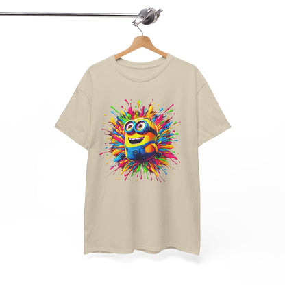 Fun and colourful Minion Paint Splash graphic on a T-Shirt, capturing youthful energy and joy. This funny tee is great for Minion enthusiasts and casual fashion.