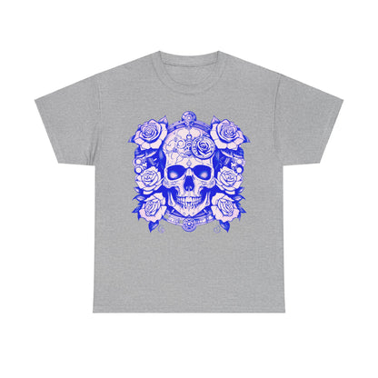 Close-up of the Skulls and Roses Cotton Tee in light grey, highlighting the detailed blue skull and rose artwork, perfect for alternative fashion lovers.
