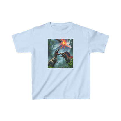 Kids Dinosaur Heavy Cotton Tee presenting a captivating dinosaur print with a volcano setting, showcased in light blue.